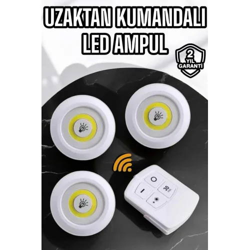 Mey İthalat® Spot Lamba Led Işık 3lü Uzaktan Kumandalı Pilli Yapışkanlı Kablosuz