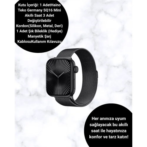 Mey İthalat® SQ-16 Mini Series 10 Akıllı Saat | Şık ve Hafif Tasarım, 3 Kordon Seçeneği