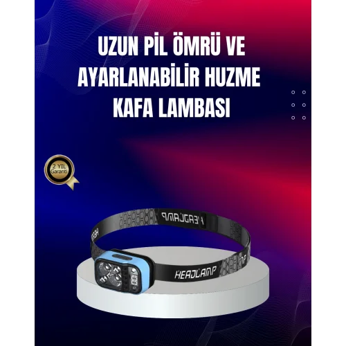Mey İthalat® Süper Parlak LED Kafa Feneri 3 Renk 53 Mod Type C Şarjlı