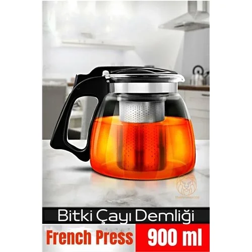 Mey İthalat®  Süzgeçli French Press Cam Demlik 900 Ml Bitki Çayı Demliği