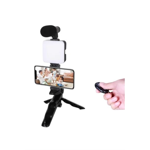 Mey İthalat® Telefon Tutucu Led Işıklı Kumandalı Mikrofon Telefon Vlog Video Kayıt