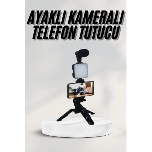 Mey İthalat® Telefon Tutucu Led Işıklı Kumandalı Mikrofon Telefon Vlog Video Kayıt