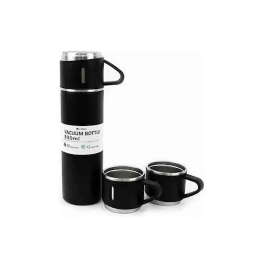 Mey İthalat® Termos Paslanmaz Çelik Termos Siyah Renk 3 Bardaklı Termos Seti
