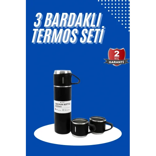 Mey İthalat® Termos Seti 3lü Bardak Seti Isı Dayanıklı Siyah Paslanmaz Çelik Vakumlu