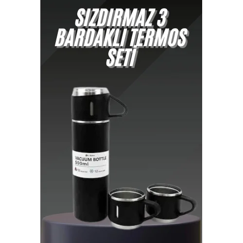 Mey İthalat® Termos Seti Paslanmaz Çelik 3 Bardaklı Vakumlu Termos Set 500 Ml 12 Saate Kadar Isı Koruma