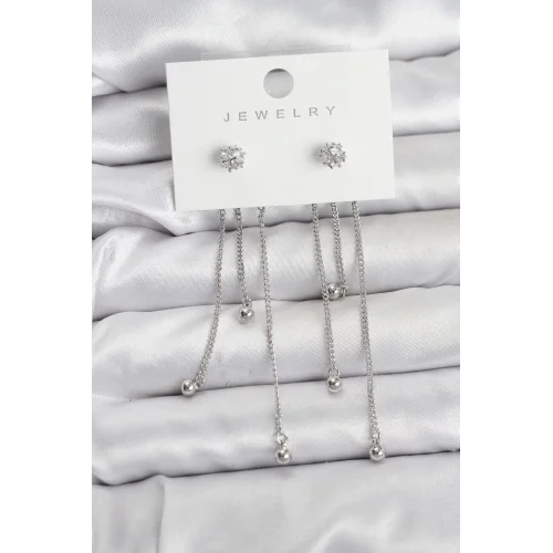 Mey İthalat® Topçuk Model Gümüş Renk Pirinç Sallantılı Kadın Küpe Seti