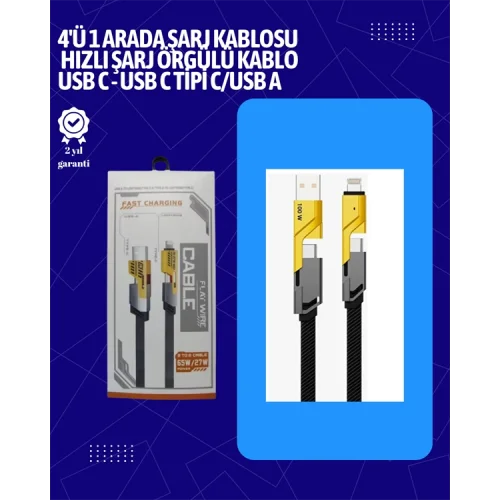 Mey İthalat® USB-C ve Lightning Uyumlu 4ü 1 Arada Kablo – 65W Hızlı Şarj, Örgülü Dayanıklı Yapı