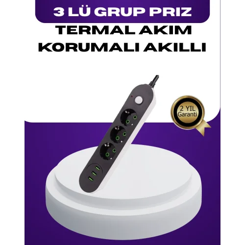 Mey İthalat® USB Yuvalı Anahtarlı Üçlü Priz 2 Metre Kablolu