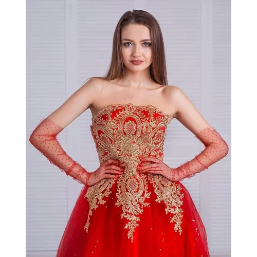 Mey İthalat® Uzun Boy Kırmızı Puantiyeli Kırmızı Renk Yetişkin Tül Eldiven 55 cm