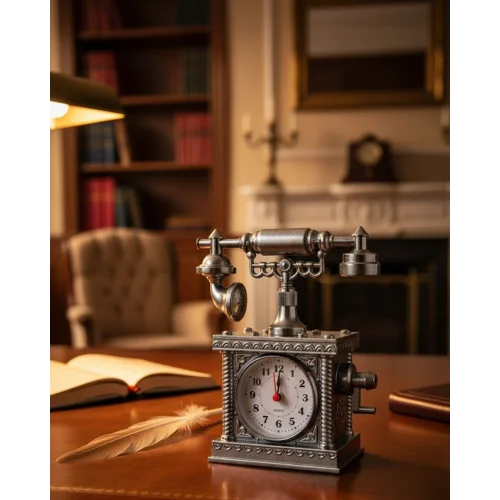 Mey İthalat® Vintage Telefon Tasarımlı Masa Saati ve Çalar Saat Dekoratif Model