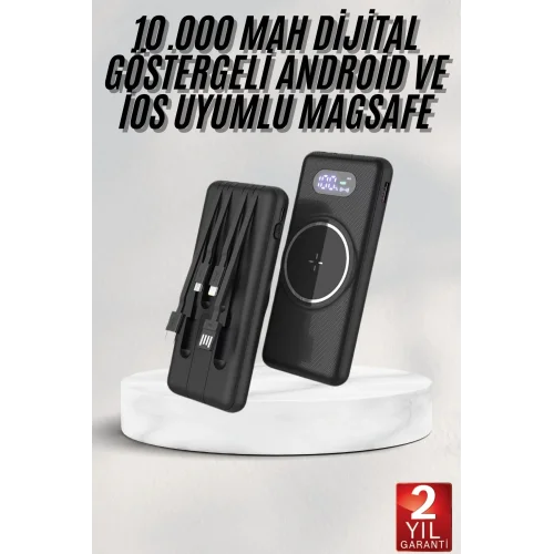 Mey İthalat® Wireless Powerbank 10000 Mah LED Ekranlı Dahili Kablolu Hızlı Şarj