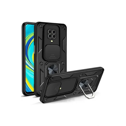 Mey İthalat®  Xiaomi Redmi Note 9 Pro Kılıf Pars Lens Yüzüklü Silikon - Siyah