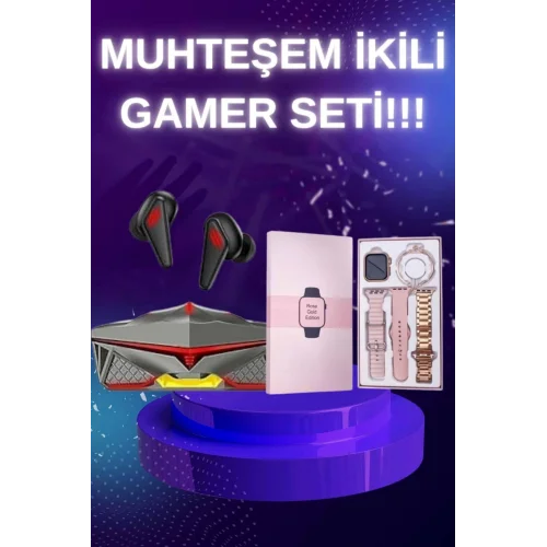 Mey İthalat® Yeni Nesil Pembe Dokunmatik Ekran Akıllı Saat ve Oyuncu Kulaklığı Kablosuz Bluetooth Kulaklık