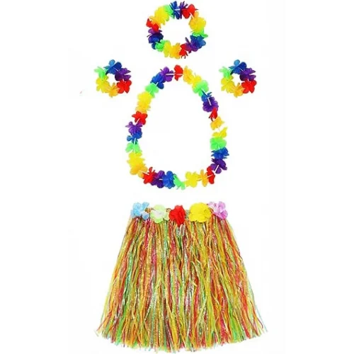 Mey İthalat® Yetişkin ve Çocuk Uyumlu Luau Aloha Hawaii  Kolye Renkli Etek Taç ve Bileklik Seti
