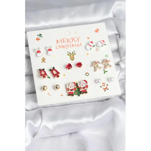 Mey İthalat® Yılbaşı Temalı Karışık Model 8 Çift Yılbaşı Temalı Kadın Küpe Seti