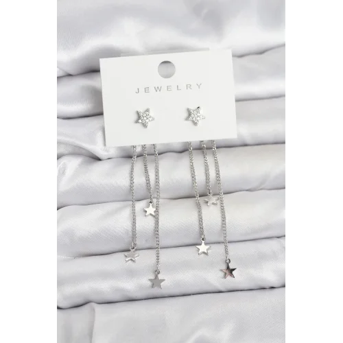 Mey İthalat® Yıldız Model Gümüş Renk Pirinç Sallantılı Kadın Küpe