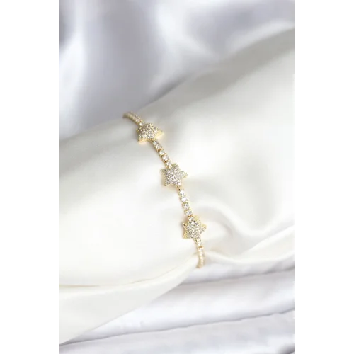 Mey İthalat® Yıldız Model Zirkon Taşlı Gold Renk Pirinç Su Yolu Kadın Bileklik