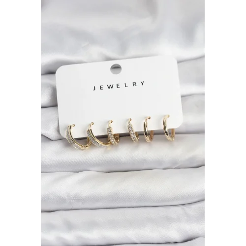 Mey İthalat® Zirkon Taşlı Gold Renk Pirinç Kadın Küpe Seti
