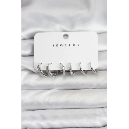 Mey İthalat® Zirkon Taşlı Gümüş Renk Pirinç Kadın Küpe Seti