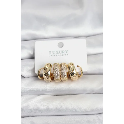 Mey İthalat® Zirkon Taşlı Pirinç Gold Renk Halka Kadın Küpe Seti