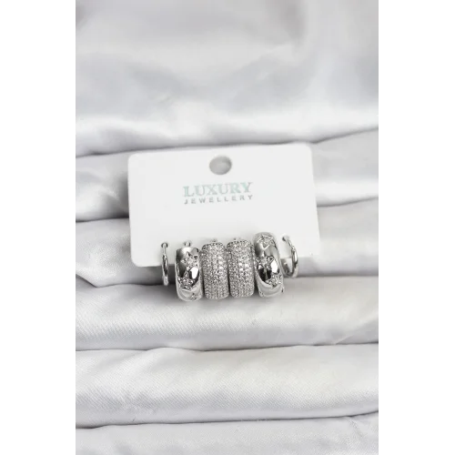 Mey İthalat® Zirkon Taşlı Pirinç Gümüş Renk Halka Kadın Küpe Seti