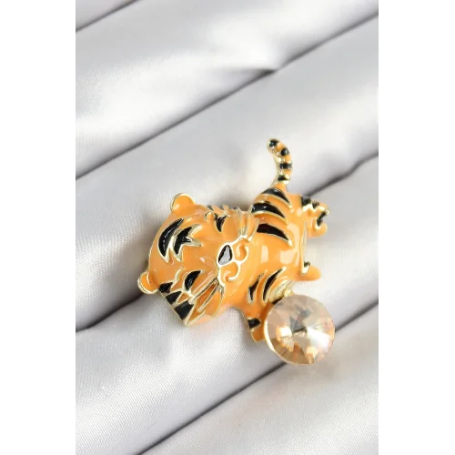 Mey İthalat® Zirkon Taşlı Siyah Çizgili Turuncu Kaplan Figürlü Gold Renk Kadın Broş