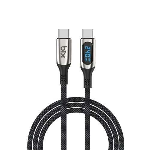 BXCC243 Type-C to Type-C 240W 480Mbps E-Marker Çip Dijital Ekran Göstergeli Örgülü Şarj ve Data Kablosu 1 Metre
