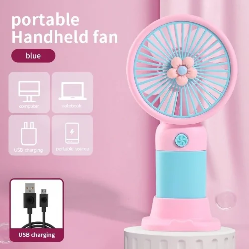 Çiçek Tasarımlı Taşınabilir,Şarjlı,Mini El Fanı Pembe/Mavi DD5017APM