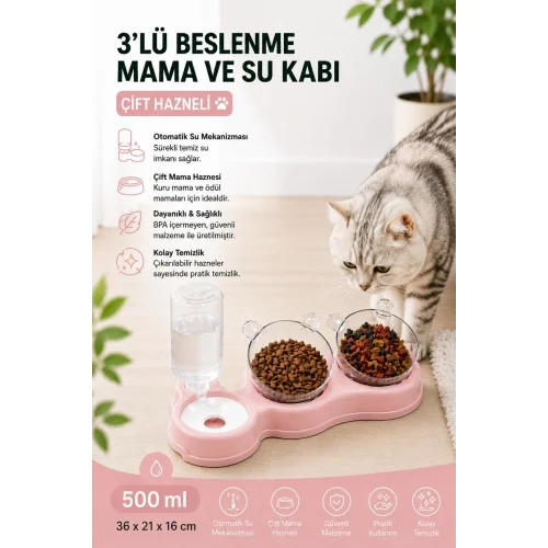 Çift Hazneli- 3 lü Beslenme Mama ve Su Kabı Pembe 1000 ml 36 * 21 * 16 cm