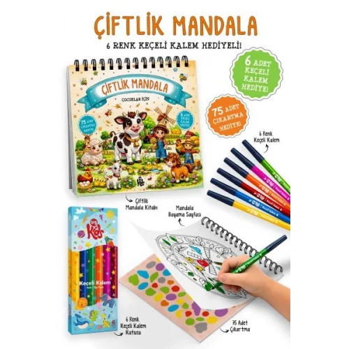 Çiftlik Mandala - 6 Renk Keçeli Kalem ve 75 Adet Çıkartma Hediyeli 3+