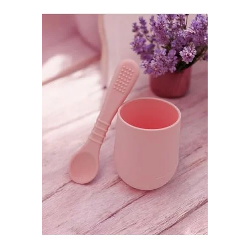 CKM silikon 2li Silikon Bebek Alıştırma Bardağı Ve Kaşığı Pembe