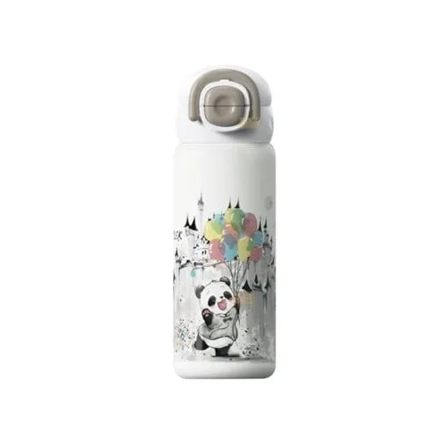 Diller 600ml Sevimli Hayvanlar Desenli Pipetli/Pipetsiz El Askılı Paslanmaz Çelik Termos (Panda)