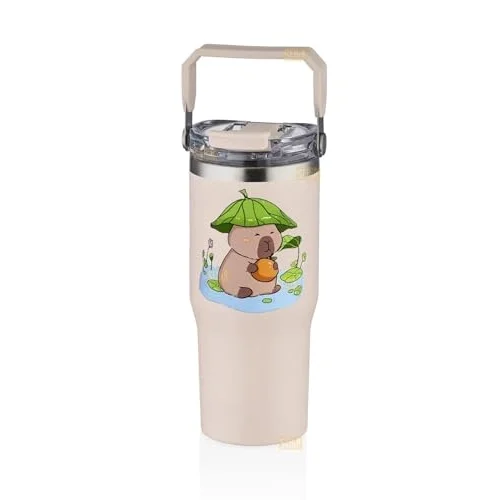Diller 950ml Sevimli Kapibara Tumbler Pipetli/Pipetsiz Kullanım Kulplu Paslanmaz Çelik Capybara Termos