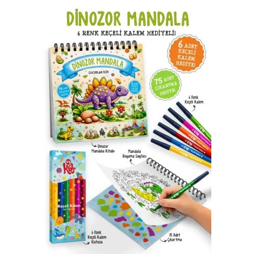 Dinozor Mandala - 6 Renk Keçeli Kalem ve 75 Adet Çıkartma Hediyeli 3+