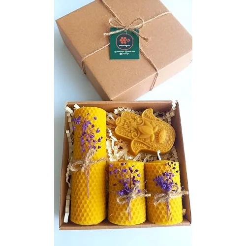 Doğal Petek Balmumu Mum Hediyelik Dekoratif Set Hamse Bereket Eli Beeswax Canle Gift Set