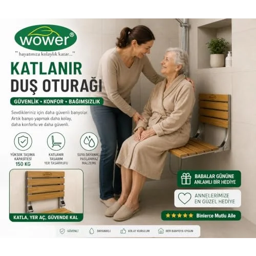 Duş oturağı banyo oturağı Duvara Monte Katlanır Ahşap Duş sandalyesi(Siyah)