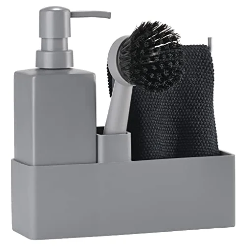 Geschirrspülset, Spülorganizer mit Seifenspender/Spülmittelspender, Spültuch und Spülbürste, 19 x 6 x 20,5 cm, Set mit 4 Teilen, Grau