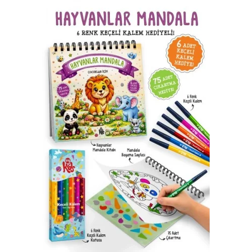 Hayvanlar Mandala - 6 Renk Keçeli Kalem ve 75 Adet Çıkartma Hediyeli 3+