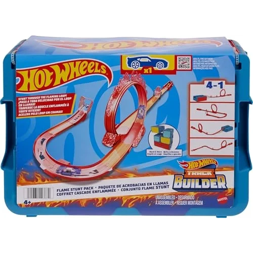Hot Wheels Track Builder Alev Temalı Akrobasi Seti ve 1 adet araba, birleştirilebilir oyuncak saklama kutusunda 16 adet pist oluşturma ve akrobasi parçası, HMC04