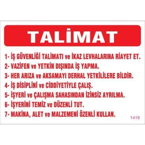 Mey İthalat® İş Güveliği Talimatları Levhası 25x35 KOD:1418