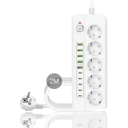 Isıya Dayanıklı Power Tuşlu 5li Grup Priz 5xusb 5x Type-c Çıkışlı Priz 2 Mt Kablolu