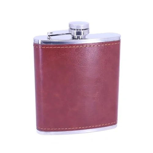 Kahverengi Deri Kaplama Paslanmaz Çelik Cep Matarası - Hip Flask 7 OZ