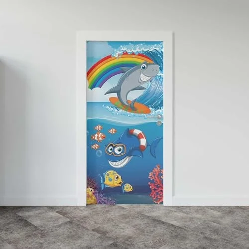 Kapı Giydirme Kapı Sticker Folyosu Köpek Balığı Gökkuşağı