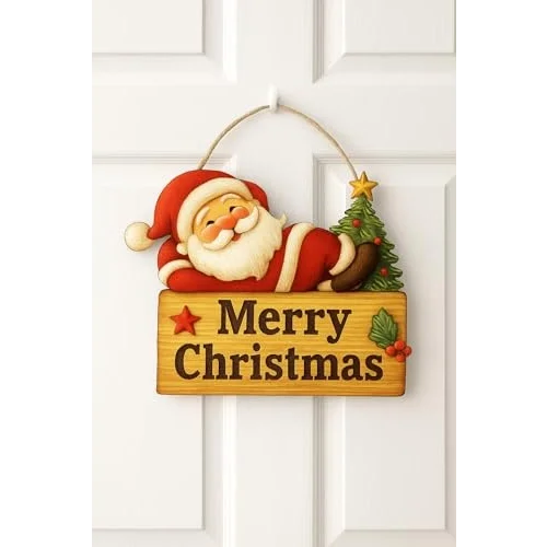 Keyifli Noel Baba Yılbaşı Ahşap Kapı Süsü Noel Kapı Süsü, Yılbaşı Süsü Yılbaşı Temalı Hediyeler (25-20 cm)