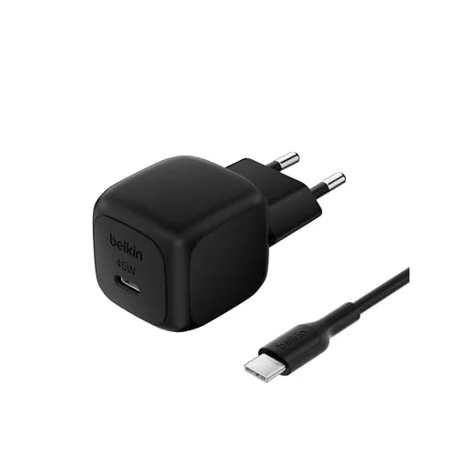 Kompakt Duvar Şarj Cihazı 45 W + USB-C - USB-C Kablosu, Apple iPhone 17, 16, 15, 14, Plus, Pro, Pro Max, Samsung Galaxy S25 Serisi, S24, Pixel 9, iPad, AirPods ve Fazlası için Hızlı Şarj, Siyah