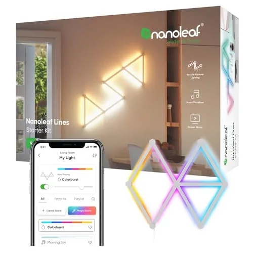 Lines 60 Derece Başlangıç ​​Seti, 9 Adet Akıllı RGBW LED Işık Çubuğu – Modüler Wi-Fi İç Mekan Duvar Aydınlatması (16 Milyon Renk), Alexa, Google ve Apple ile Uyumlu