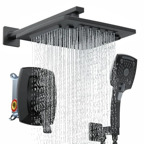 Mat Siyah Banyo Duş Bataryası Seti Vana, Yağış Duş Başlığı El Combo ile