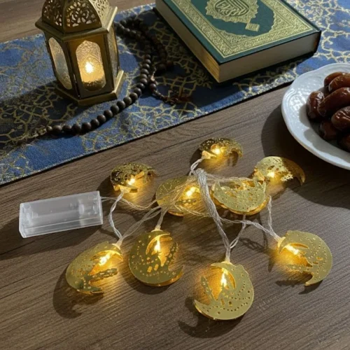 Mey İthalat® 10 Adet Sarkıtlı Ramazan Hilal Üstü Cami Temalı LED Işık – Pilli 2 Metre Ramazan Süsü, İslami Dekorasyon, Ev ve Mekanlar İçin Dekoratif Ortam