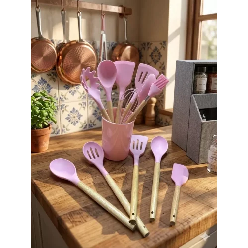 Mey İthalat® 12 Parça Bambu Saplı Silikon Mutfak Gereçleri Seti - Pembe Mutfak Servis Seti