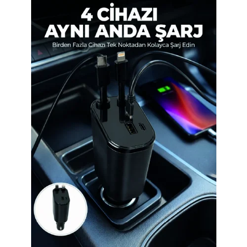 Mey İthalat® 120W Hızlı Şarj Destekli 4ü 1 Arada Araç Şarj Cihazı Type-C, Lightning, USB ve USB-C Çıkışlı
